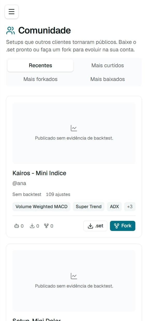 Celular com a Comunidade do Portal: um setup público com os botões de baixar o .set e fazer fork
